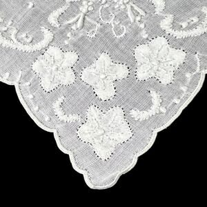 Embroidered Handkerchief Delicate White On White Hankie Vintage Elegance 14x14